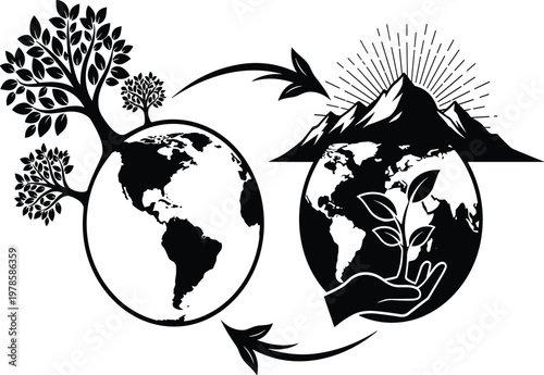 National NacEarth and Nature Concept with Growth, Mountains, Trees, and Hand Holding a Plant in Black and White Vector Styleho Day Celebration with Colorful Nachos and Toppings in Fun Vector Style