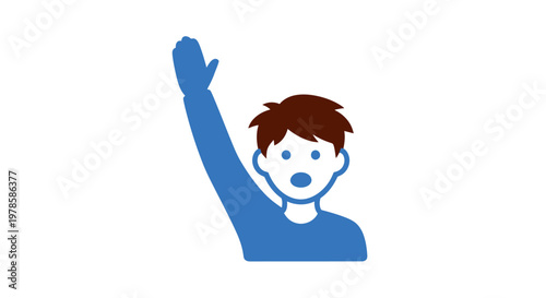 Blue cartoon man waving his hand.