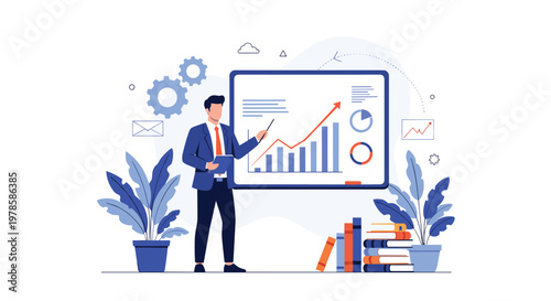 Corporate presenter in a suit explaining a financial success story using detailed bar charts on a digital display.