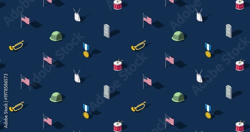 Memorial day motion graphic loop of military themed isometric icons