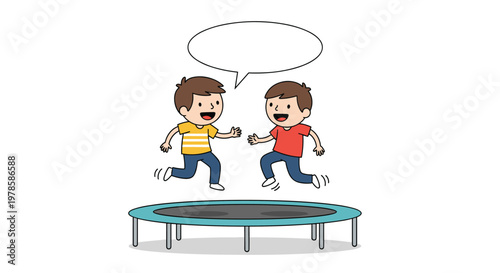 Two young boys having fun jumping on a backyard trampoline with a large empty speech bubble for custom text.