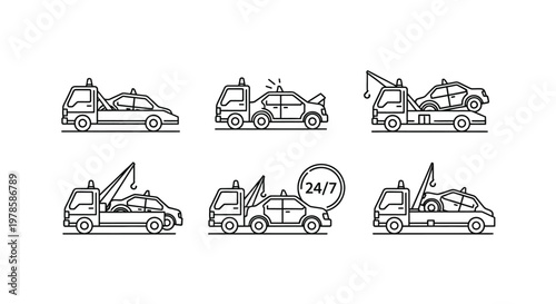 A series of linear tow truck illustrations depicting vehicle recovery and roadside assistance services