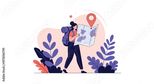 Adventurous female hiker with a large backpack trekking through nature while following a map with a red location pin.