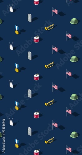 Vertical Memorial day motion graphic loop of military themed isometric icons