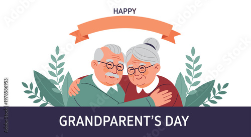 Heartwarming illustration for Grandparents Day showing an elderly couple hugging with a decorative ribbon banner.