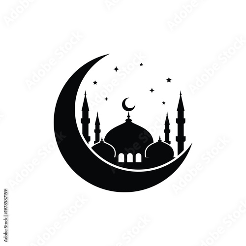 Mosque silhouette icon. Flat minimalist black silhouette mosque design with a crescent moon.