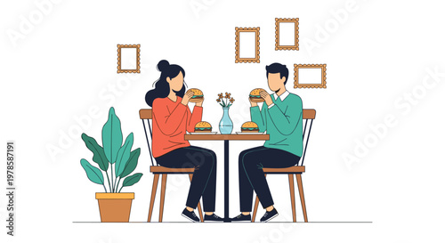 Young couple enjoying a casual lunch date together while eating delicious burgers at a table in a bright restaurant.