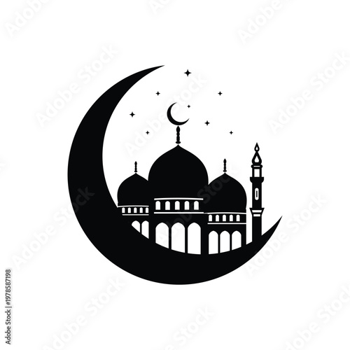 Mosque silhouette icon. Flat minimalist black silhouette mosque design with a crescent moon.