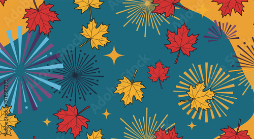 Colorful Fireworks Explosions and Leaves.