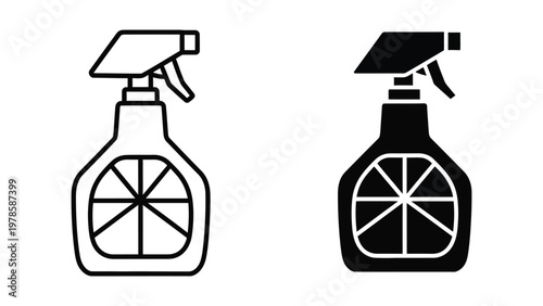 Two spray bottles illustrated in contrasting line styles for cleaning or disinfecting purposes