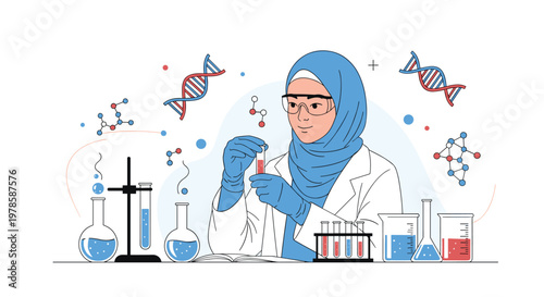 Dedicated female scientist in a hijab conducting experiments with colorful chemicals in a modern research laboratory.