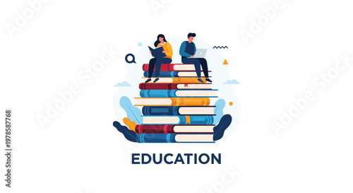 Group of young students sitting together on a huge pile of books to illustrate the concept of higher education.