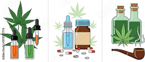 Cannabis Products Vector Illustration – CBD Oils, Medicine Bottles, Marijuana Leaves, and Smoking Pipe