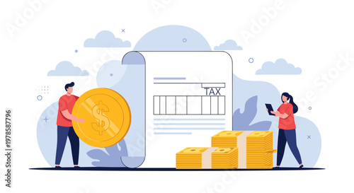 Team of professionals managing financial taxes with giant coins and a large paper document in a flat vector style.