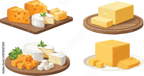 Various Types of Cheese Vector Illustration – Cheese Blocks, Slices, and Soft Cheese for Dairy Lovers