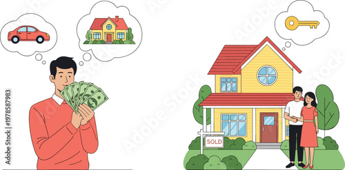Real Estate Dreaming Vector Illustration – Man Thinking About Car and House, Family in Front of New Home