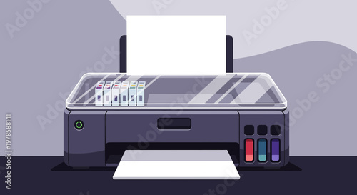 Modern inkjet printer with colorful ink cartridges and paper ready to print documents