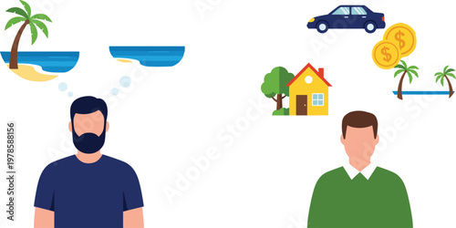 Man Dreaming About Vacation, Car, and Home Vector Illustration – Financial Goals, Beach, and Luxury Lifestyle