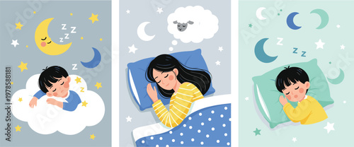 Children Sleeping Vector Illustration – Cute Dreams with Stars, Moon, and Clouds for Bedtime Themes