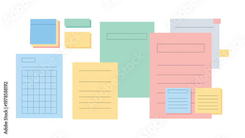 Colorful Note Assortment: A visually pleasing arrangement of assorted paper notes and sticky notes in various colors, perfect for capturing ideas, reminders, and organizing thoughts.