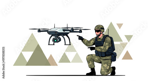 Modern military technology: soldier commanding drone in tactical operation scenario