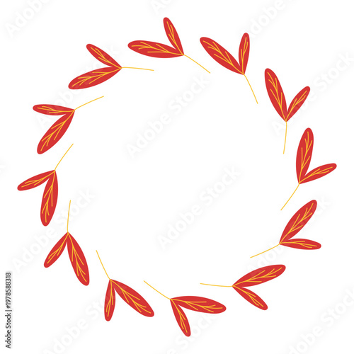 Red leaf wreath illustration with simple branches arranged in a circular frame. Perfect for card, invitation and decorative seasonal design.