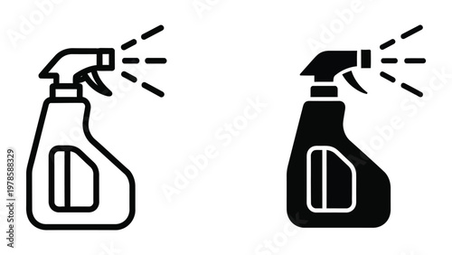Two spray bottles emitting cleaning solution mist in contrasting styles