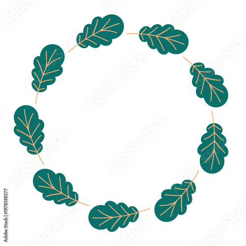 Oak green leaf wreath illustration with foliage arranged in a circular frame. Flat style isolated on white background for cards, invitations and natural themed design.