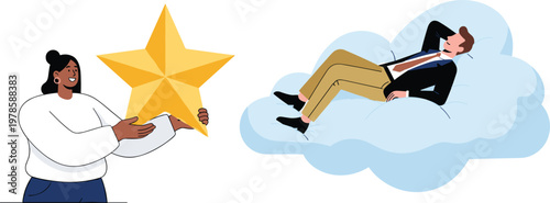 Person Holding a Star and Another Dreaming on a Cloud – Vector Illustration of Ambition and Dream Fulfillment