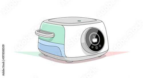 Small white toaster with blue green accents.
