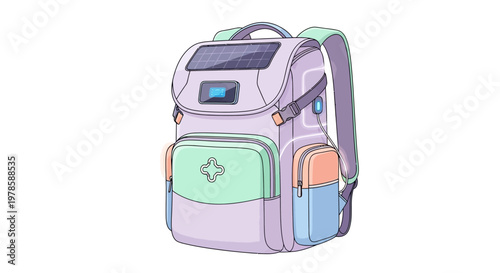 Colorful backpack with multiple pockets.