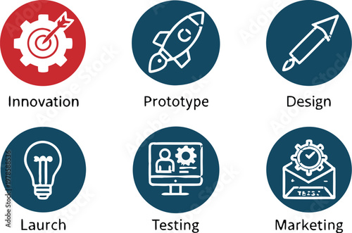 Set Flat Business Icons, money signs. Product development button seks Containing innovation, prototype, design, research, testing, product launch, conception and marketing icons. stock vector
