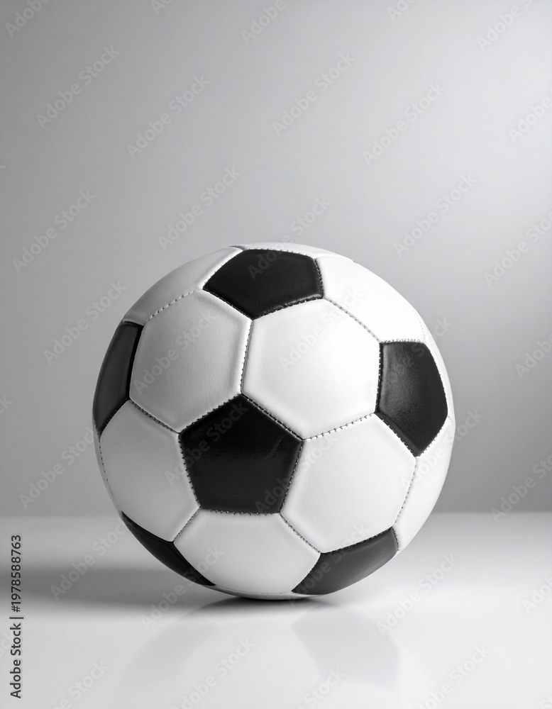 Naklejka premium Extreme macro close up of classic black and white leather soccer ball with copy space for sports advertising