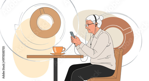 Modern senior woman enjoying coffee and technology with smartphone at the cafe table indoors