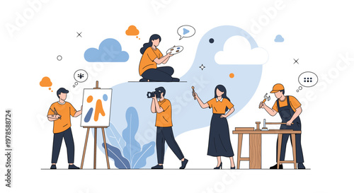 Diverse group of creative professionals including a painter, photographer, artist, and woodworker collaborate in a colorful workspace.