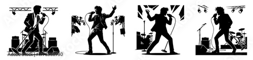 Singer silhouette man with microphone rock stage performance concert band music show illustration guitar drums lights icon black