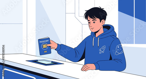 Modern travel illustration depicting a young man presenting his passport for identification