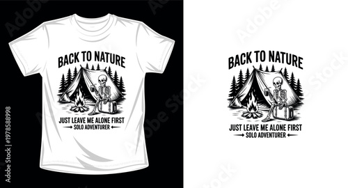 Back to nature solo adventurer skeleton camping by bonfire graphic vector art t-shirt design print template.