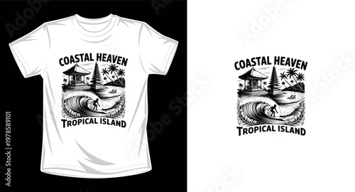 Coastal heaven tropical island surfing t-shirt design with palm trees and bali temple landscape.