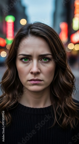Intense gaze of a woman in the city lights.