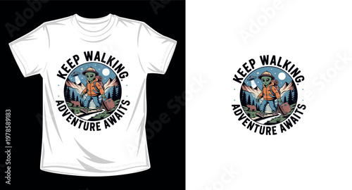 Vintage alien adventurer with suitcase and bear in nature landscape t-shirt design.