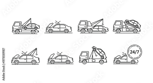 Line art illustrations depicting various scenarios of vehicle breakdown and towing services offered