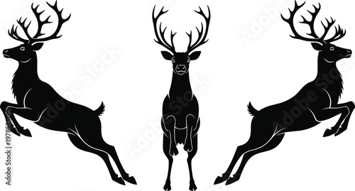 Black Deer Vector Illustration – Leaping and Running Deer with Majestic Antlers for Wildlife and Nature Art