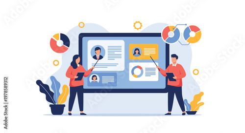 Man and woman analysts use pointers to present business data and user profiles on a large interactive digital screen display.