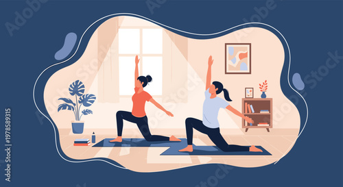 Pair of women perform yoga poses on mats in a bright cozy living room filled with natural light and potted indoor plants.