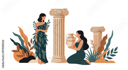Women dressed in classical ancient Greek robes pose among marble ionic columns and leafy plants in a scene inspired by antiquity.
