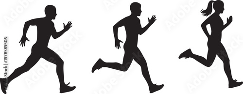 Running People Black Silhouette Vector Sport Fitness Set