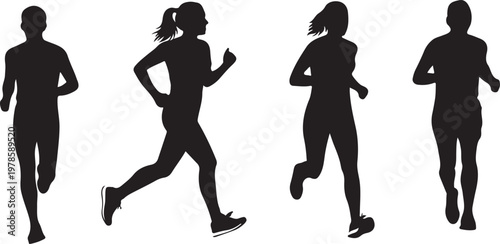 Running People Black Silhouette Vector Sport Fitness Set