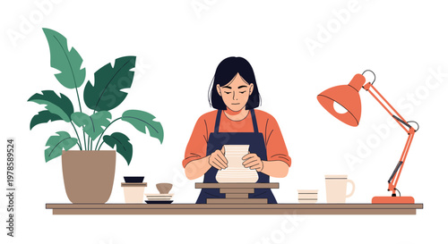 Woman sits at a wooden workbench using a pottery wheel to shape a clay vessel in her cozy art studio filled with plants.