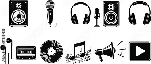 Music and Sound Equipment Vector Illustration – Speakers, Microphones, Headphones, and Audio Controls